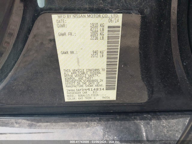1N4AL3AP3FN314834 Nissan Altima 2.5/2.5 S/2.5 Sl/2.5 Sv