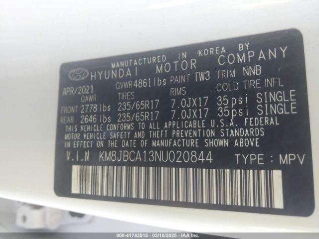 KM8JBCA13NU020844 Hyundai Tucson Hybrid Blue