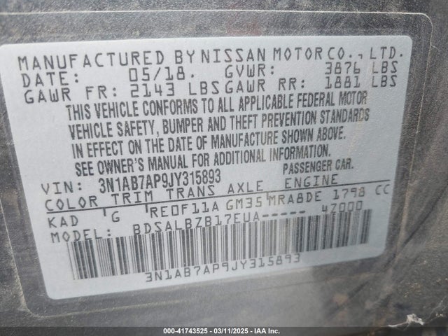 3N1AB7AP9JY315893 Nissan SENTRA S
