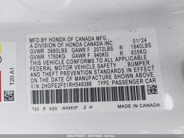 2HGFE2F51RH549386 Honda Civic Sport