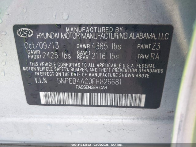 5NPEB4AC0EH826681 Hyundai SONATA GLS