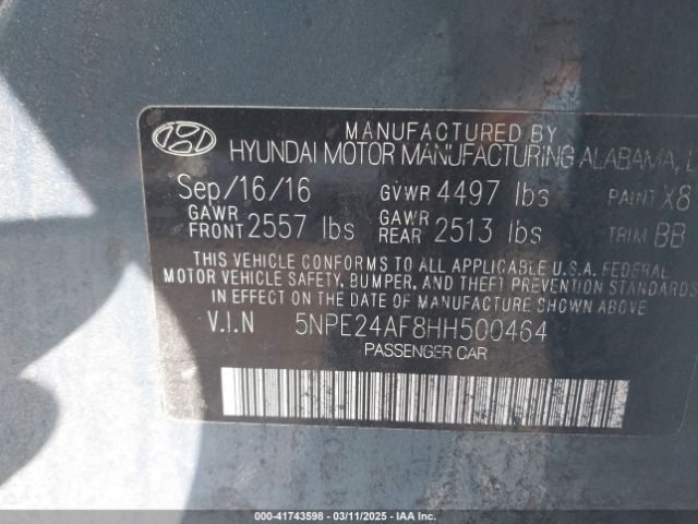 5NPE24AF8HH500464 Hyundai Sonata