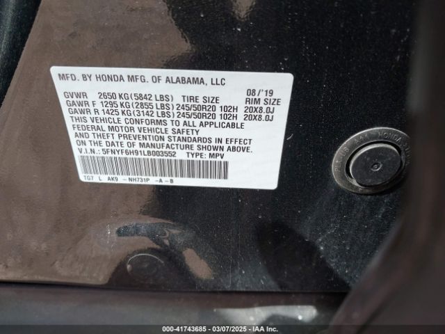 5FNYF6H91LB003552 Honda Pilot Awd Touring 8 Passenger