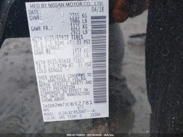 5N1DR2MN7JC652781 Nissan Pathfinder S