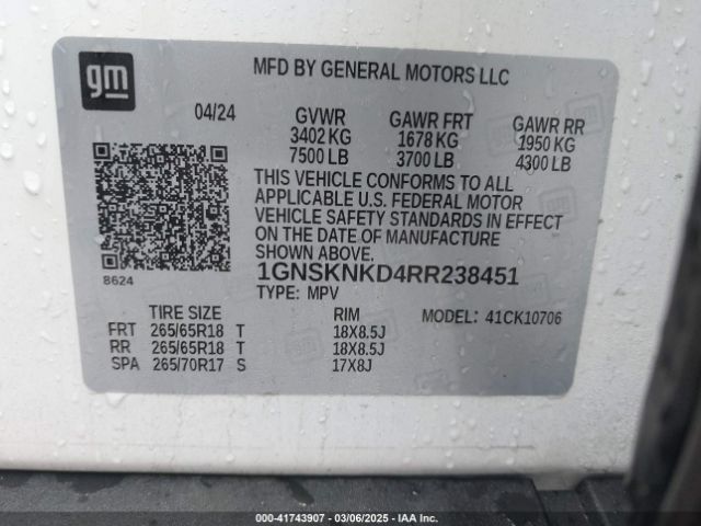 1GNSKNKD4RR238451 Chevrolet Tahoe 4wd Lt