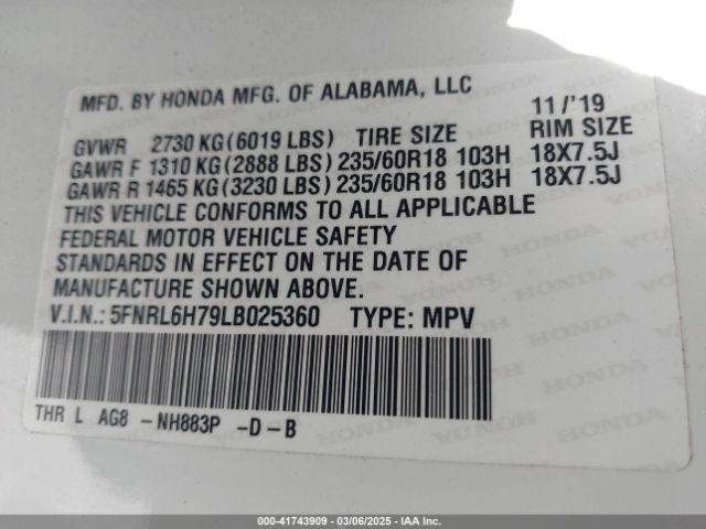 5FNRL6H79LB025360 Honda Odyssey Ex-l/ex-l W/navi   Res