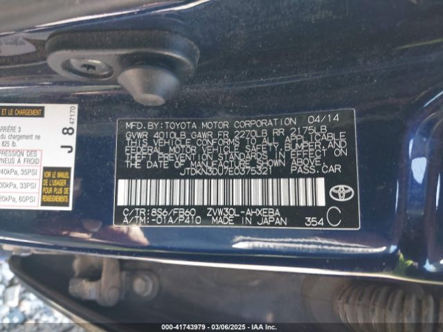 JTDKN3DU7E0375321 Toyota Prius Two