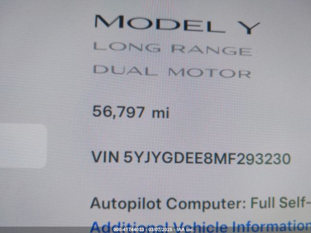 5YJYGDEE8MF293230 Tesla Model Y Long Range Dual Motor All-wheel Drive