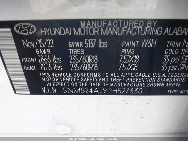 5NMS24AJ9PH527630 Hyundai Santa Fe Sel