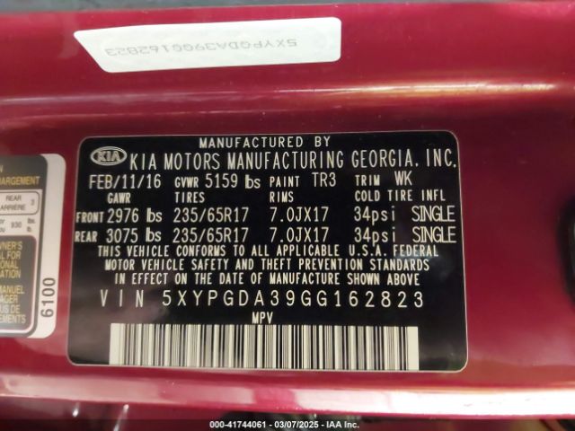 5XYPGDA39GG162823 KIA Sorento 2.4l Lx
