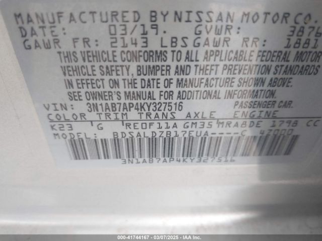 3N1AB7AP4KY327516 Nissan SENTRA SV