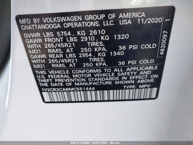 1V2CR2CA8MC551444 Volkswagen Atlas 3.6l V6 Sel R-line