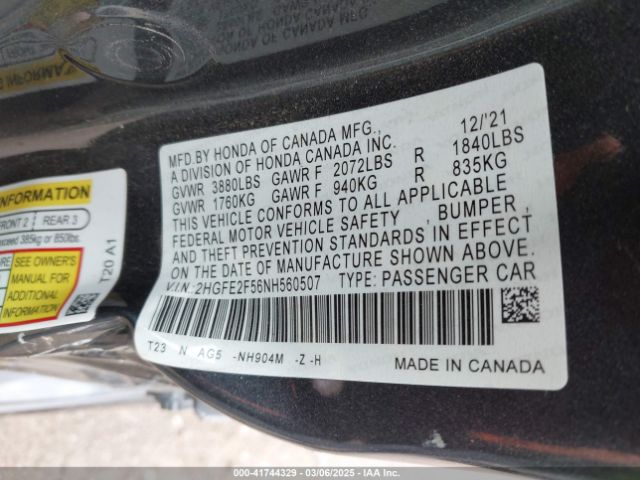 2HGFE2F56NH560507 Honda Civic Sport