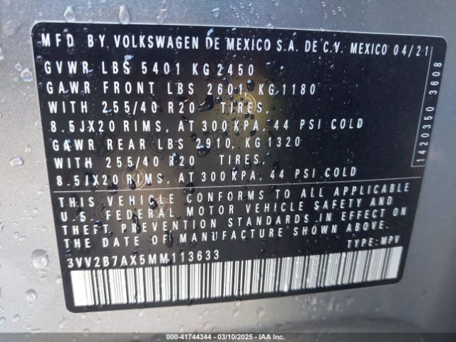 3VV2B7AX5MM113633 Volkswagen Tiguan 2.0t Se/2.0t Se R-line Black/2.0t Sel