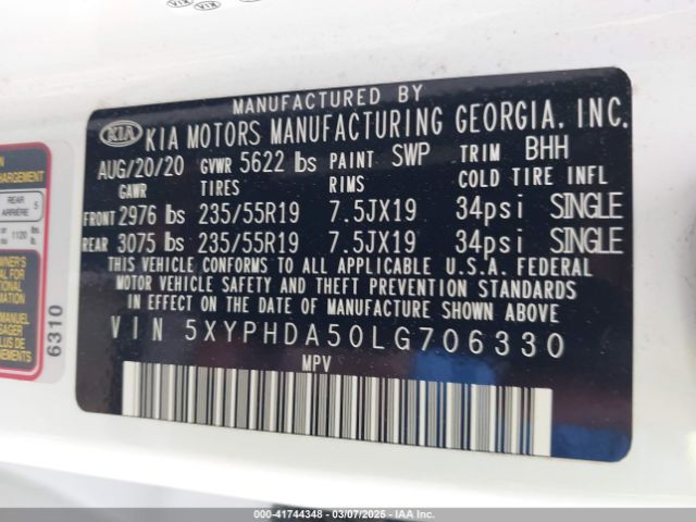 5XYPHDA50LG706330 KIA Sorento 3.3l Ex