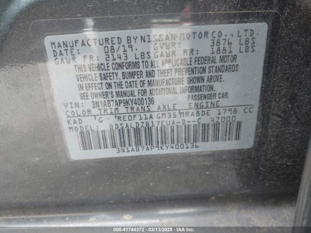 3N1AB7AP9KY400136 Nissan SENTRA SV
