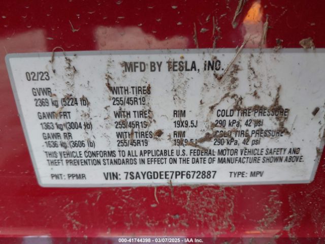 7SAYGDEE7PF672887 Tesla Model Y Awd/long Range Dual Motor All-wheel Drive