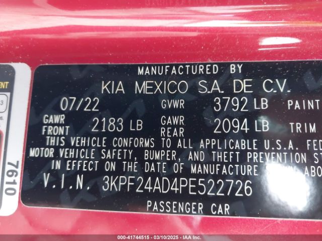3KPF24AD4PE522726 KIA Forte Lxs