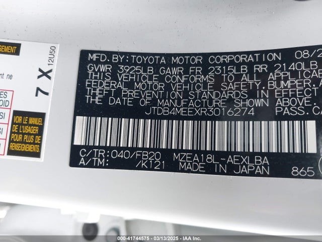 JTDB4MEEXR3016274 Toyota COROLLA LE