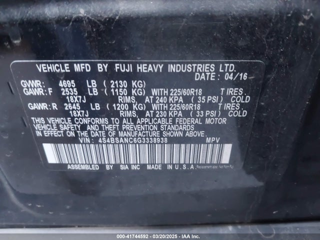 4S4BSANC6G3338938 Subaru Outback 2.5i Limited