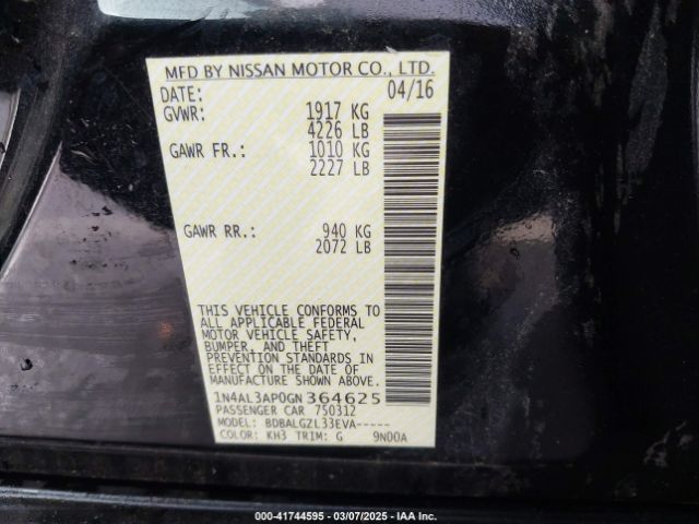 1N4AL3AP0GN364625 Nissan Altima 2.5/2.5 S/2.5 Sl/2.5 Sr/2.5 Sv