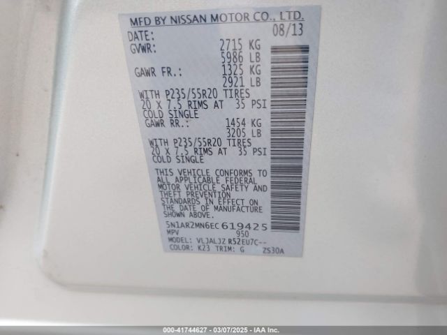 5N1AR2MN6EC619425 Nissan Pathfinder Platinum