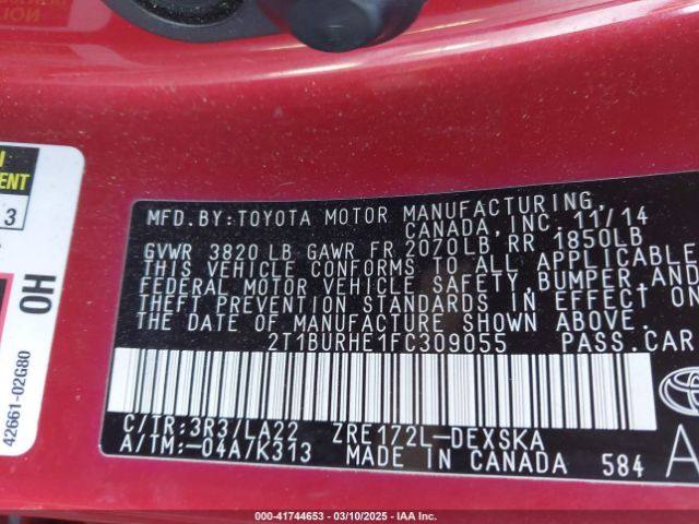 2T1BURHE1FC309055 Toyota Corolla S Premium