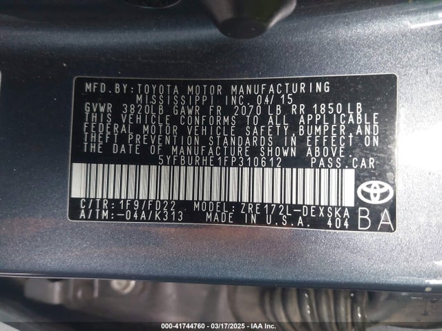 5YFBURHE1FP310612 Toyota Corolla S Plus
