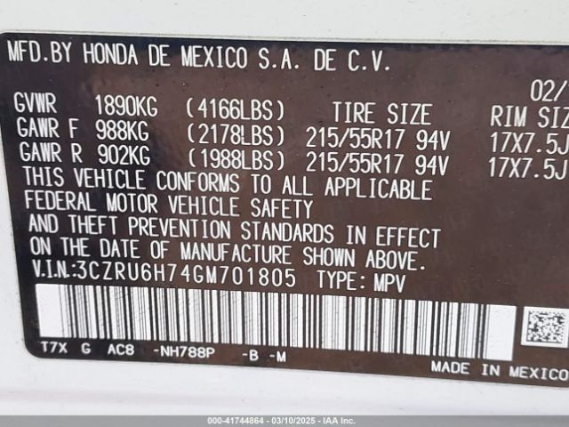 3CZRU6H74GM701805 Honda Hr-v Ex-l