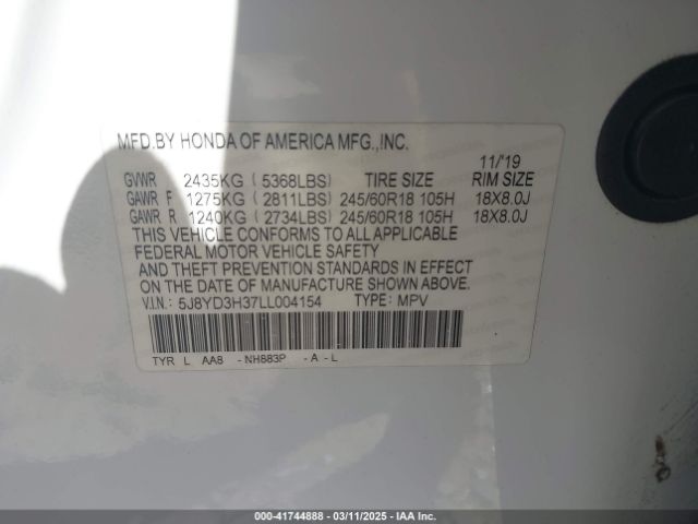 5J8YD3H37LL004154 Acura Mdx Standard