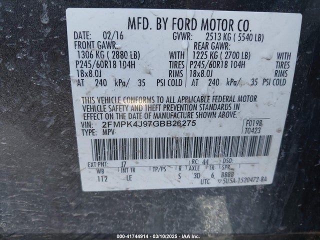 2FMPK4J97GBB26275 Ford EDGE SEL