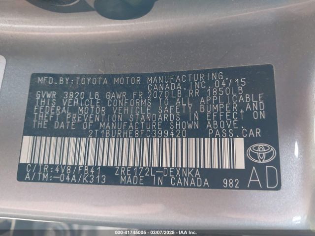 2T1BURHE8FC399420 Toyota Corolla Le Plus