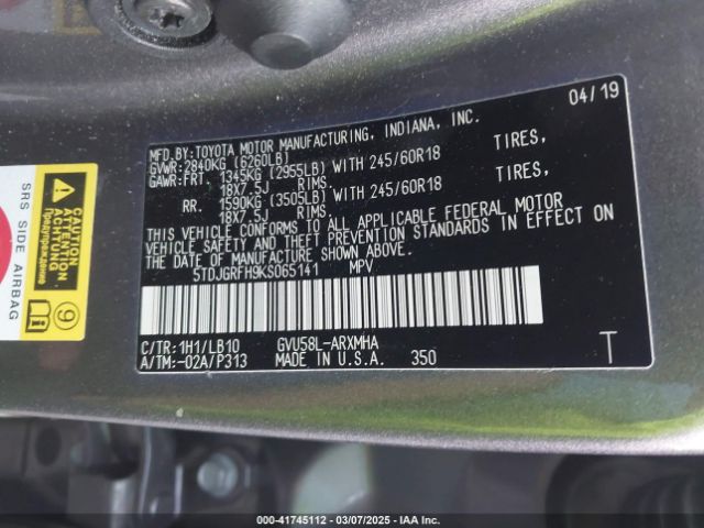 5TDJGRFH9KS065141 Toyota Highlander Hybrid Xle