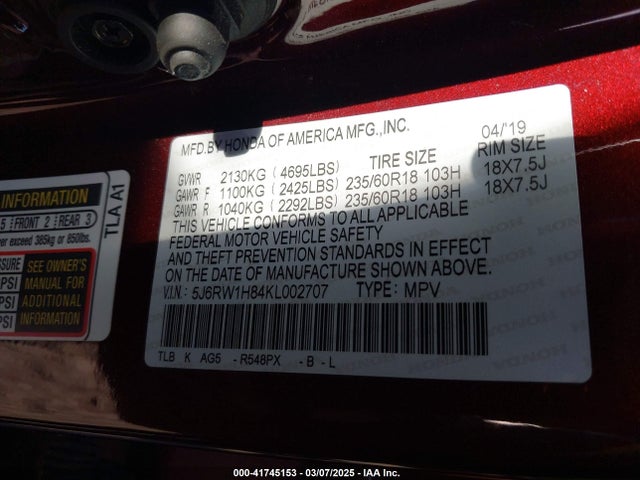 5J6RW1H84KL002707 Honda Cr-v Ex-l