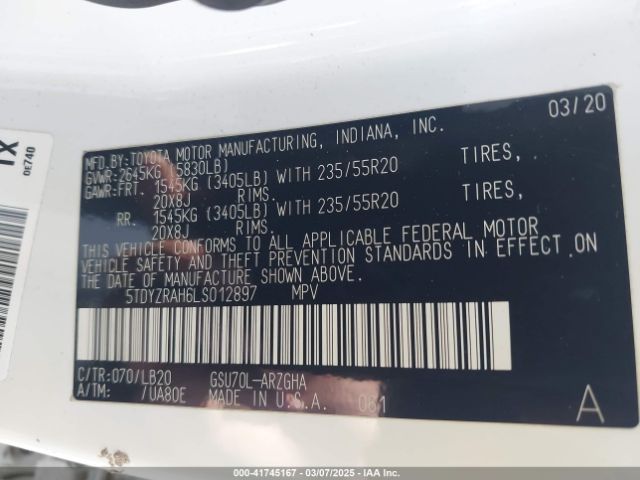 5TDYZRAH6LS012897 Toyota Highlander Limited