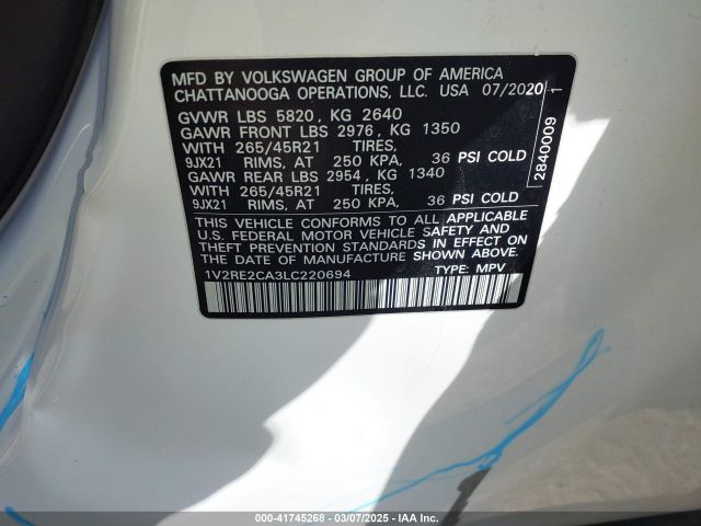 1V2RE2CA3LC220694 Volkswagen Atlas Cross Sport 3.6l V6 Sel R-line