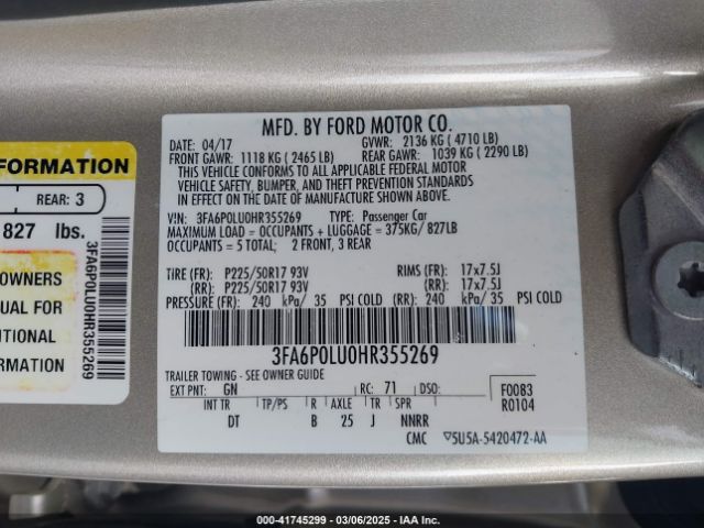 3FA6P0LU0HR355269 Ford Fusion Se Hybrid