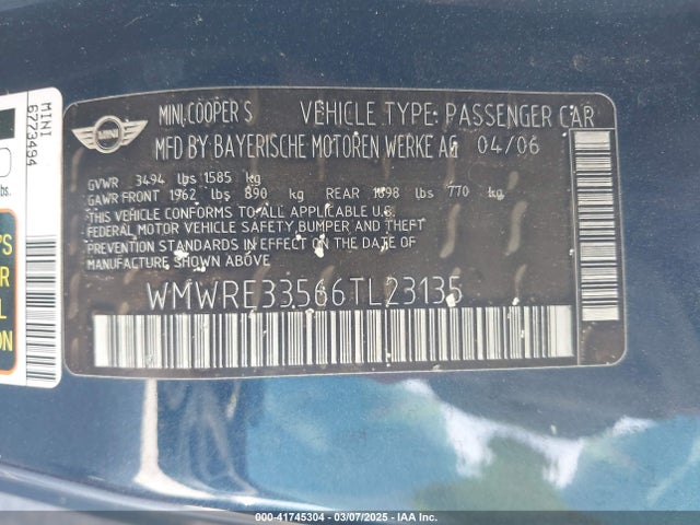 2006 MINI COOPER S WMWRE33566TL23135 Photo 8