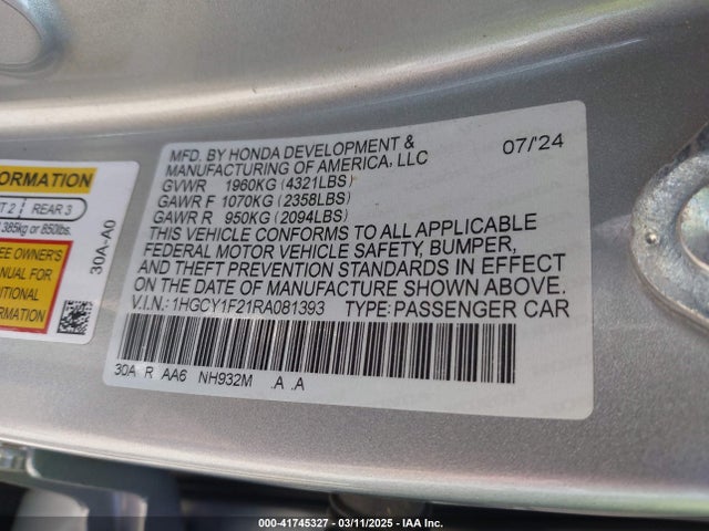 1HGCY1F21RA081393 Honda ACCORD LX