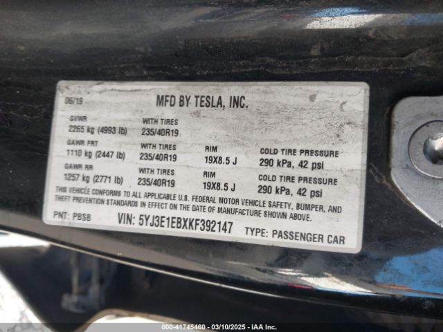 5YJ3E1EBXKF392147 Tesla Model 3 Long Range/performance