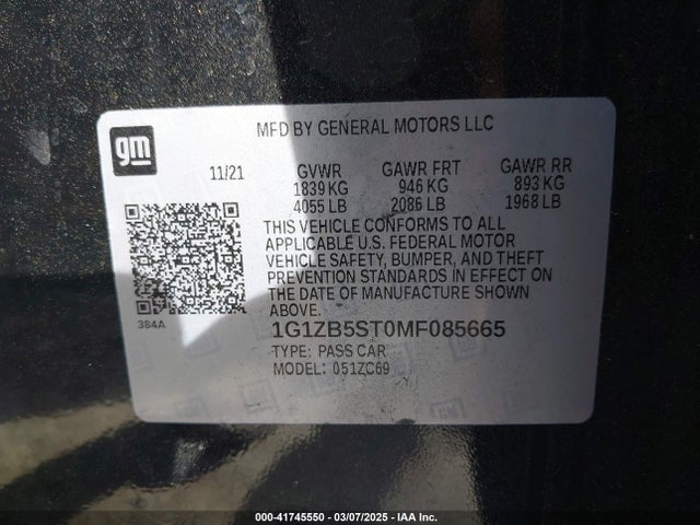 1G1ZB5ST0MF085665 Chevrolet Malibu Fwd Ls