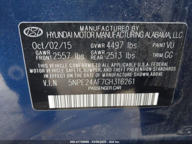 5NPE24AF7GH316261 Hyundai SONATA SE