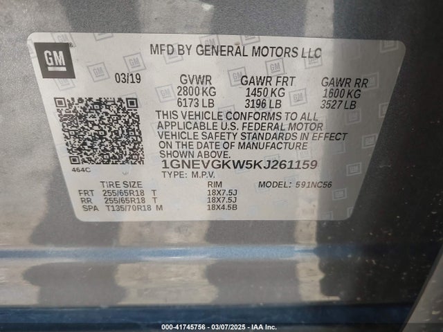 1GNEVGKW5KJ261159 Chevrolet Traverse 1lt