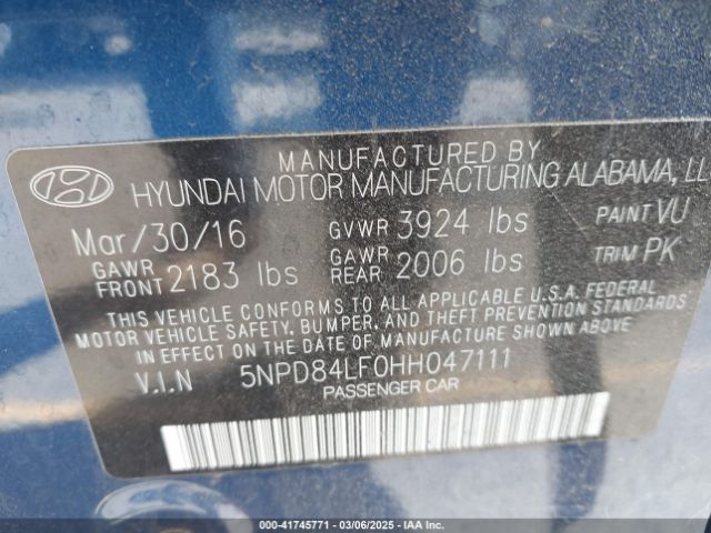 5NPD84LF0HH047111 Hyundai ELANTRA SE