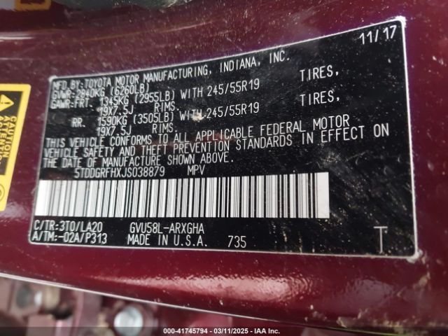 5TDDGRFHXJS038879 Toyota Highlander Hybrid Limited Platinum