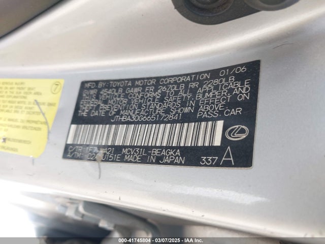 41745804 :رقم المزاد ، JTHBA30G665172841 vin ، 2006 Lexus Es 330 مزاد بيع