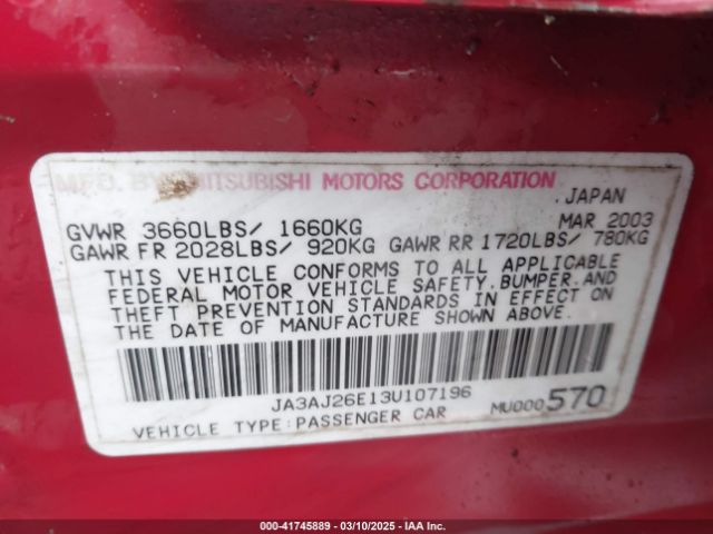 2003 MITSUBISHI LANCER JA3AJ26E13U107196 Photo 8