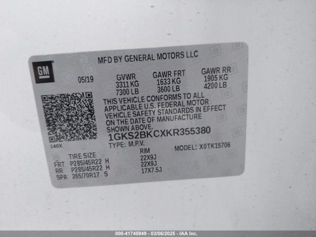 1GKS2BKCXKR355380 GMC YUKON SLT