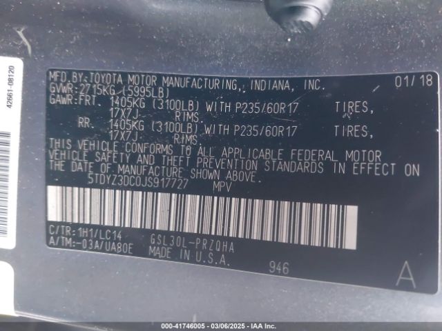 5TDYZ3DC0JS917727 Toyota Sienna Xle 8 Passenger