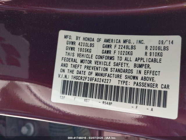 1HGCR2F38FA024227 Honda ACCORD LX